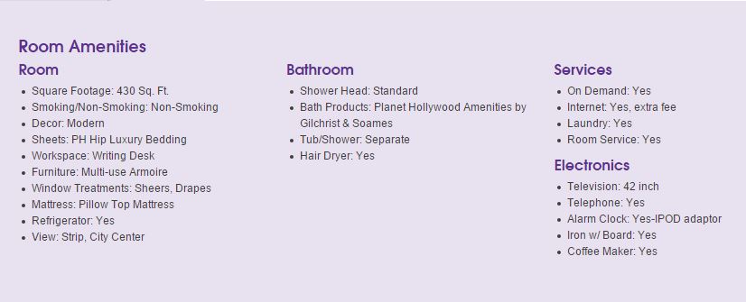 A list of the amenities for the new rooms