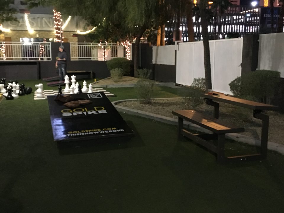 One of the oversized bags boards, along with the oversized chess and normal sized bags games in the background at gold spike social club